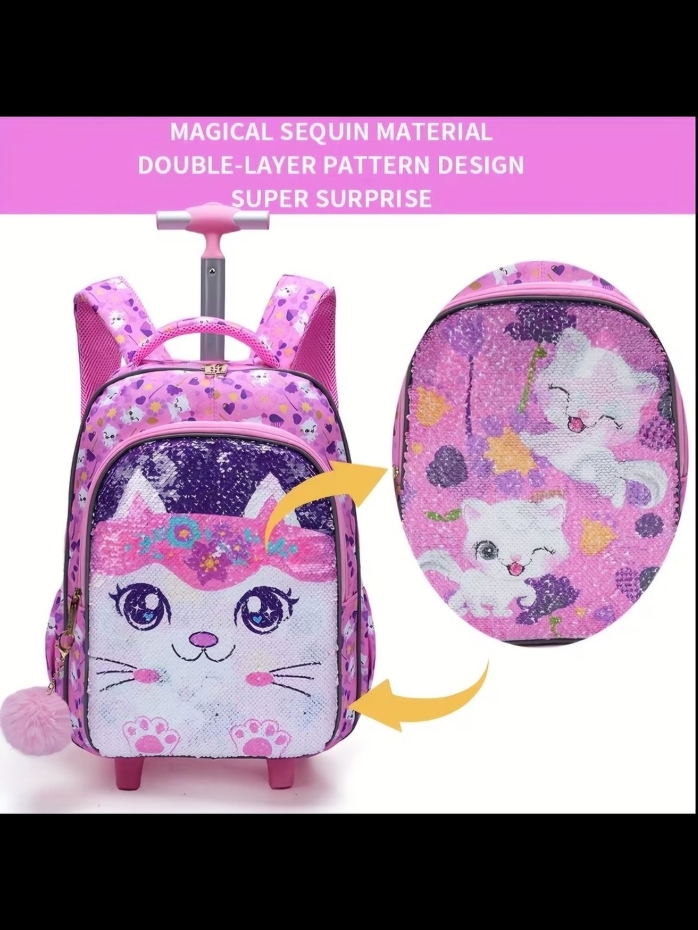 3pc Girls Rolling Backpack Set - Flip Sequin Cat School Bag, Lunch Box & Pencil - Picture 14 of 17
